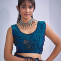 Teal Blue Organza Saree with Black Floral Embroidery Designer Saree