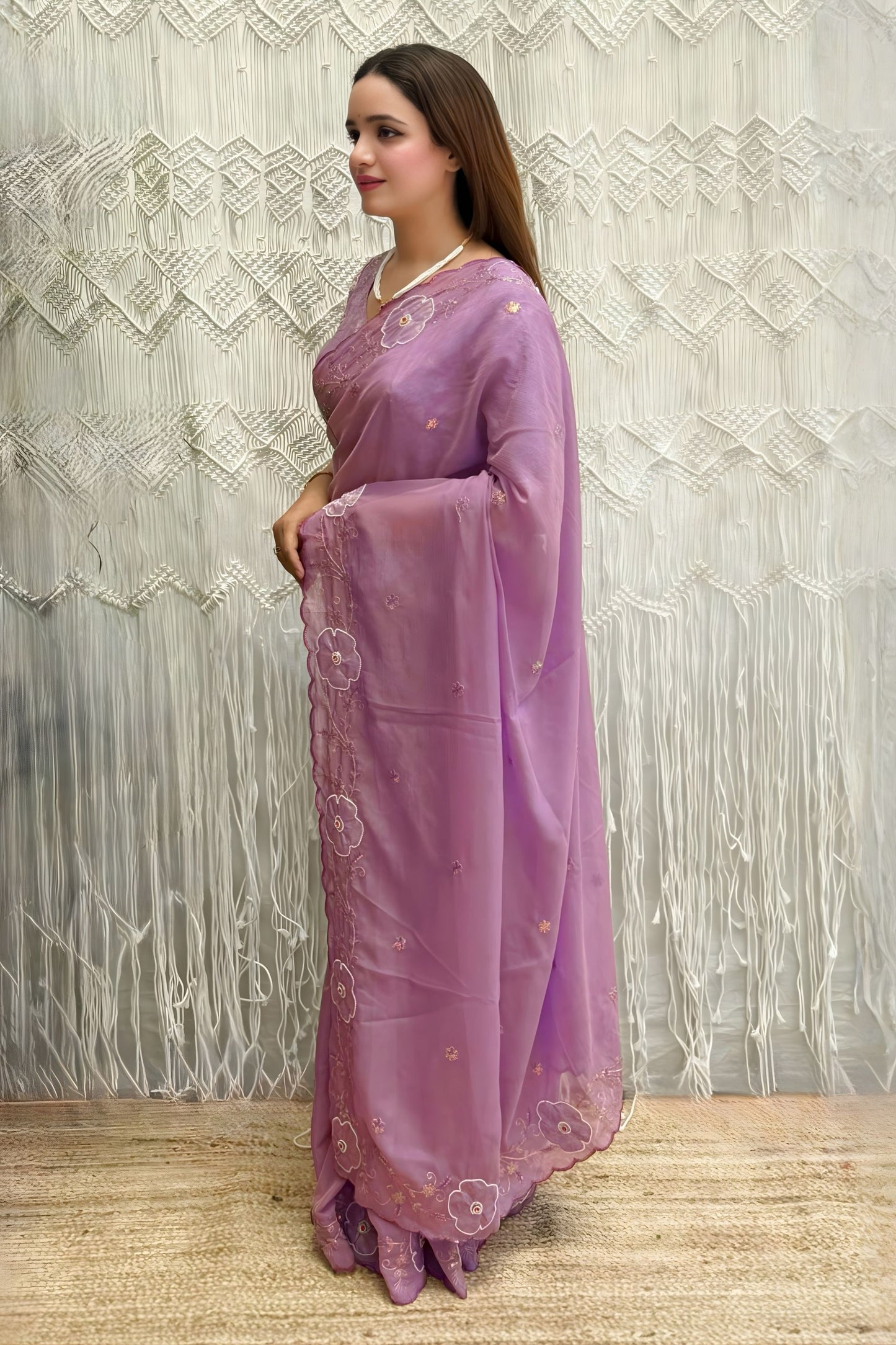 Lavender Organza Saree with Floral Embroidery Designer Blouse