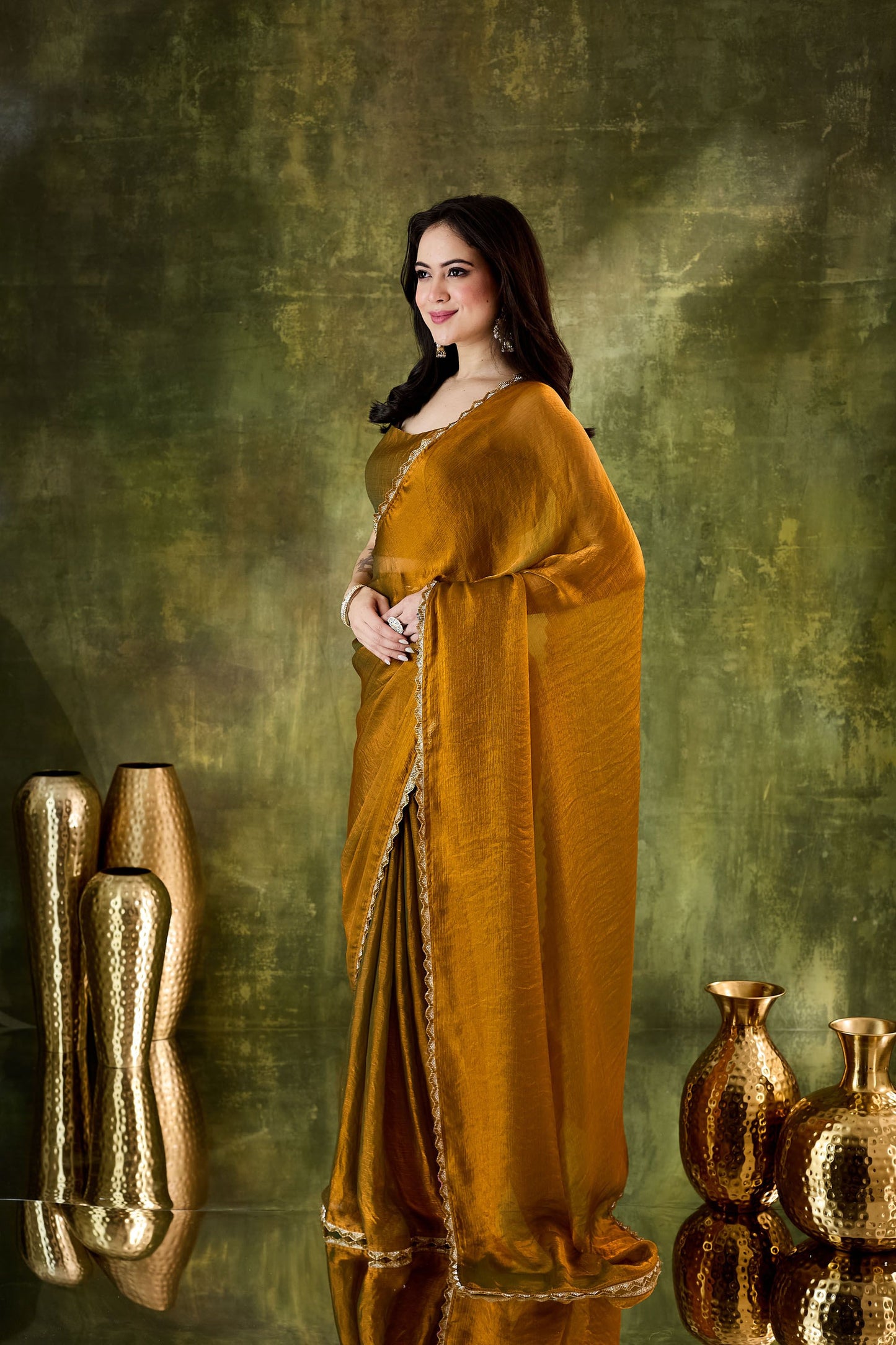 Mustard Gold Organza Silk Saree Designer Party Wear Saree