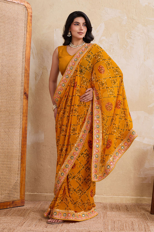 Mustard Yellow Printed Saree Traditional Motif Design Decorative Border