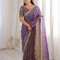 Luxury Purple Organza Silk Saree Golden Thread Work Embroidery Blouse