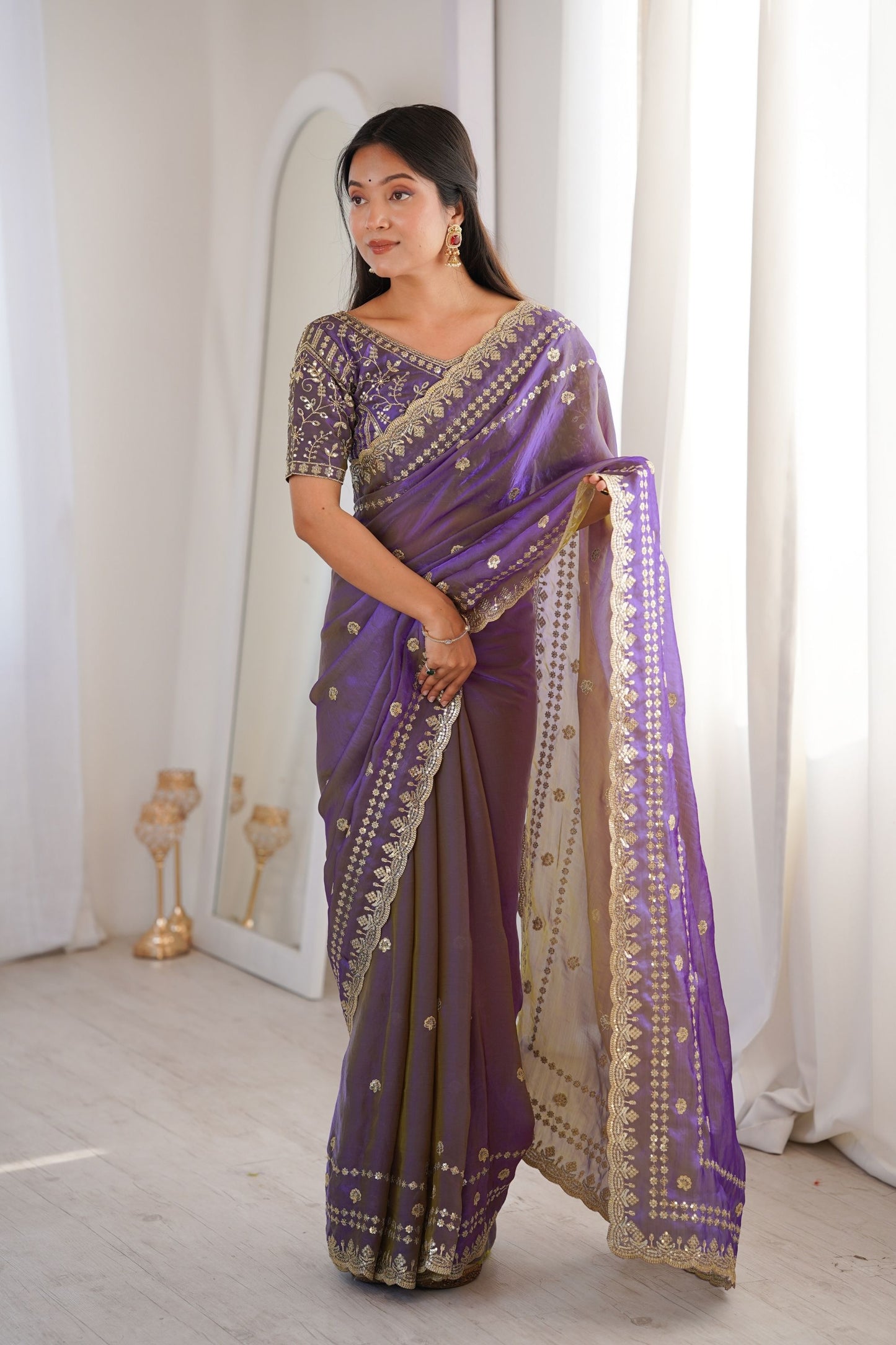 Luxury Purple Organza Silk Saree Golden Thread Work Embroidery Blouse