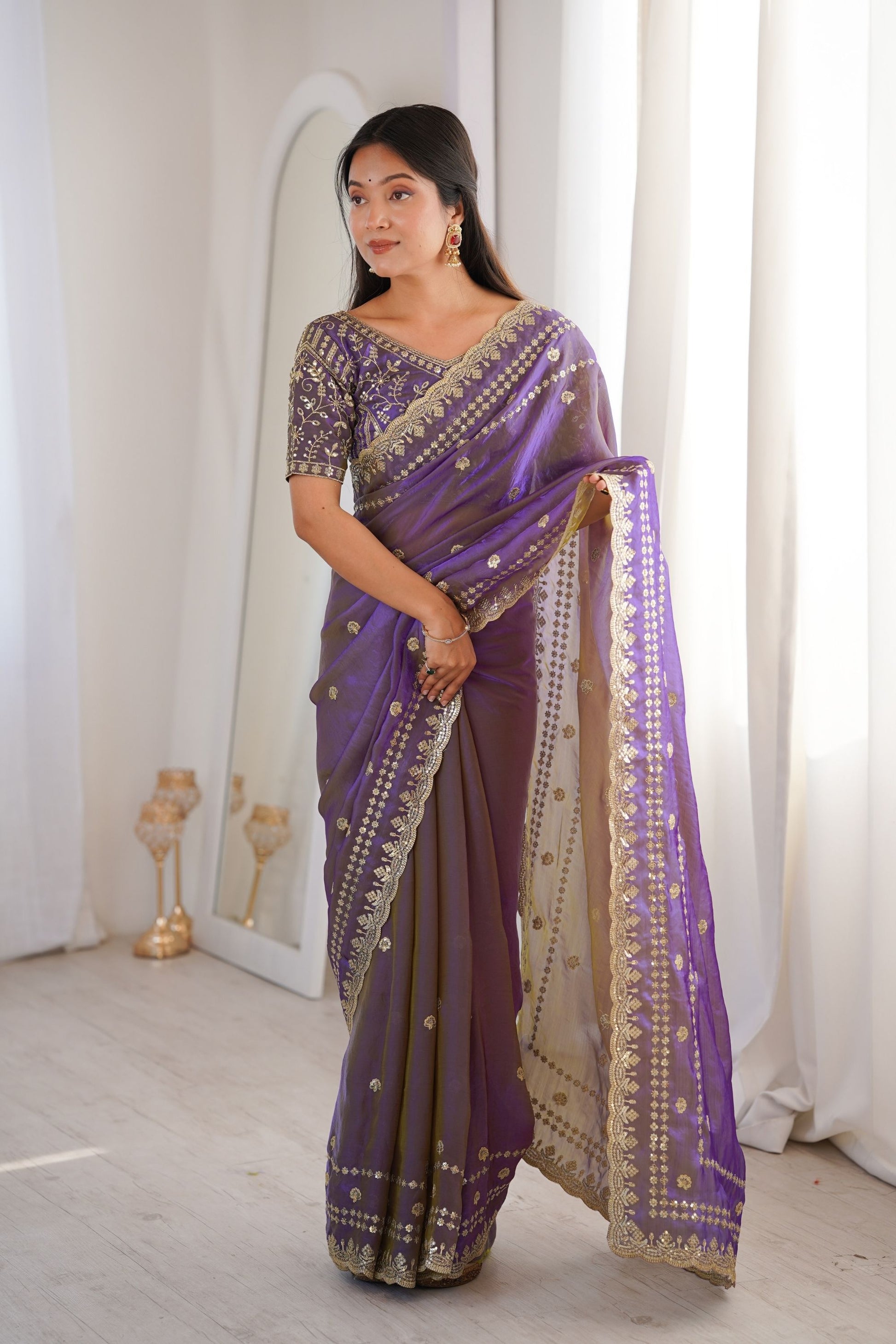 Luxury Purple Organza Silk Saree Golden Thread Work Embroidery Blouse
