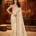 Ivory Embroidered Designer Saree with Floral Border Contrast Blouse 