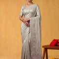 Silver Grey Organza Silk Saree Floral Embroidery and Designer Border