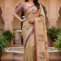 Elegant Beige Floral Printed Linen Silk Saree with Mauve Border