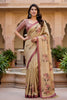 Elegant Beige Floral Printed Linen Silk Saree with Mauve Border
