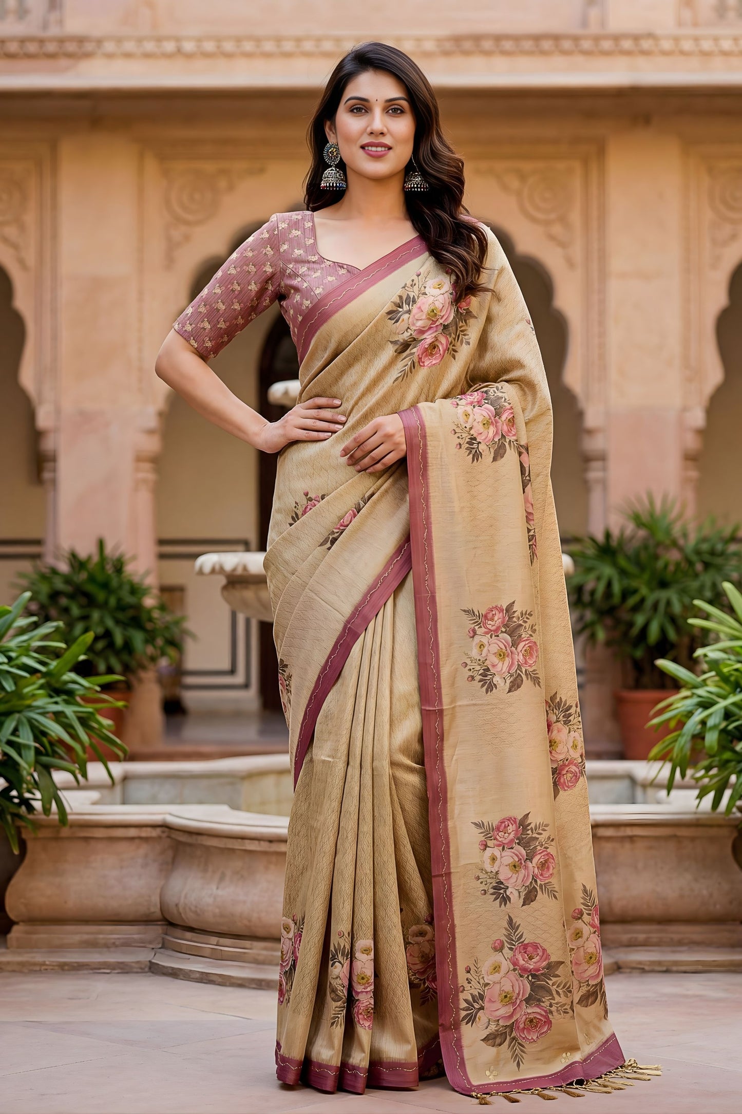 Elegant Beige Floral Printed Linen Silk Saree with Mauve Border