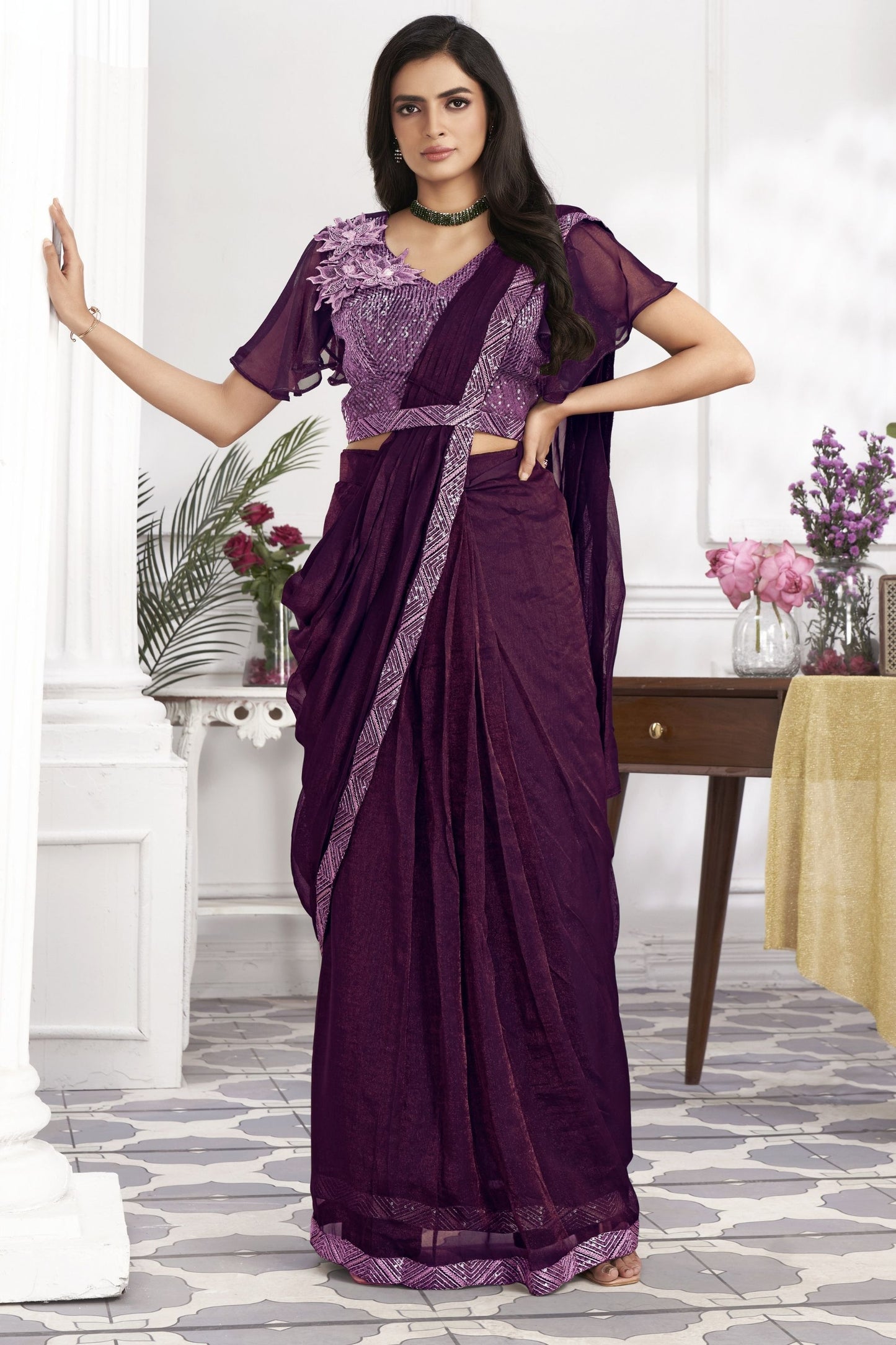 Deep Wine Purple Designer Saree with Sequins Embroidered Blouse