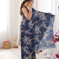 Navy Blue Floral Digital Printed Linen Saree with Designer Lace Border