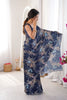 Navy Blue Floral Digital Printed Linen Saree with Designer Lace Border
