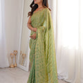 Pista Green Organza Silk Saree Golden Zari Embroidery Designer Blouse
