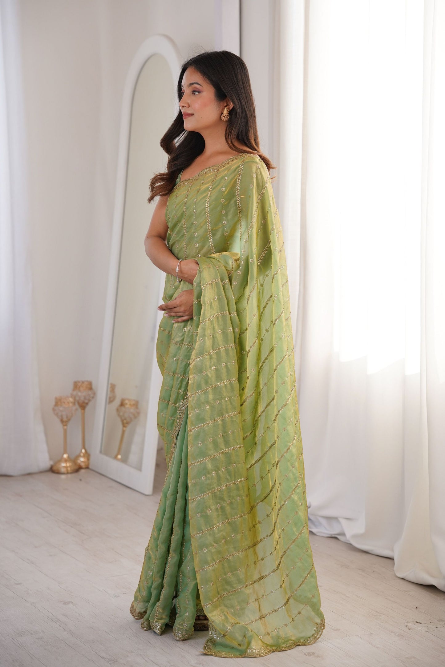 Pista Green Organza Silk Saree Golden Zari Embroidery Designer Blouse