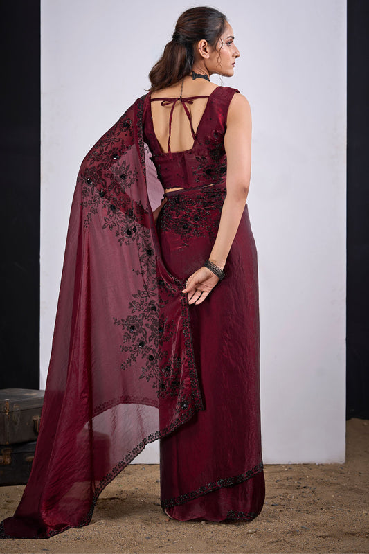 Wine Maroon Organza Saree with Black Embroidery Designer Saree