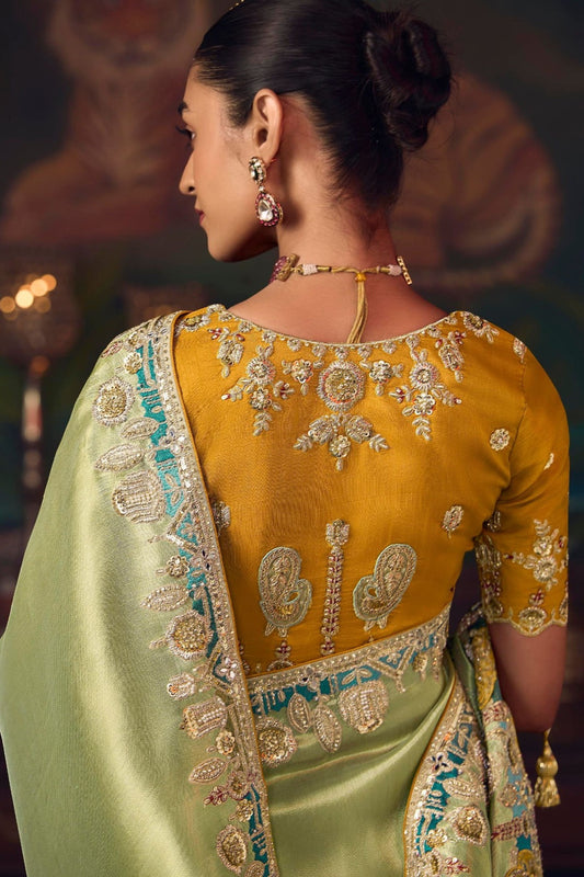 Light Green Silk Saree with Zari Embroidery and Mustard Blouse