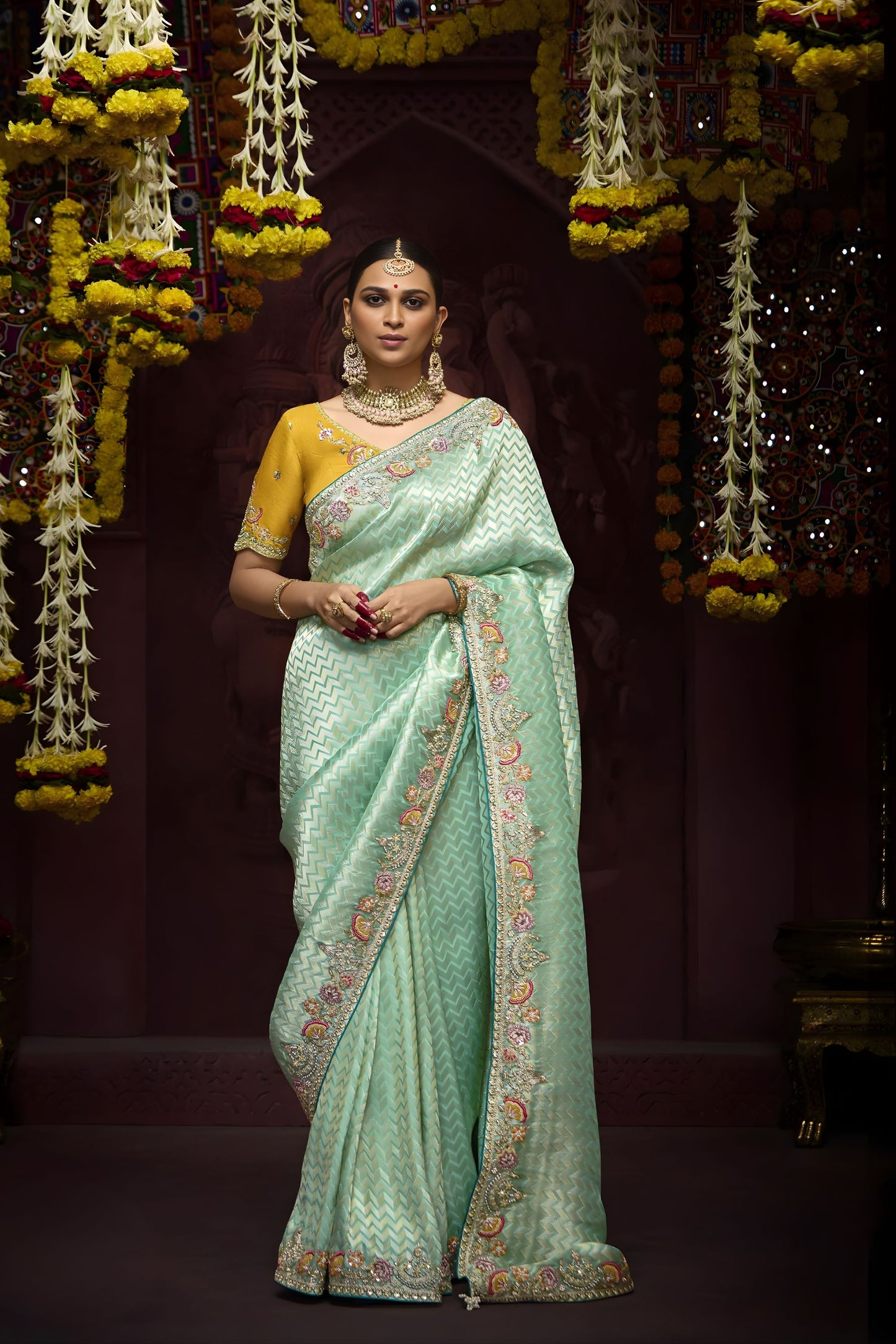 Sea Green Banarasi Silk Saree with Zari Border Embroidered Pallu 