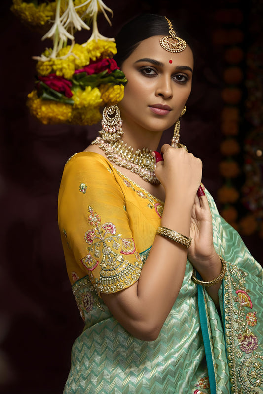 Sea Green Banarasi Silk Saree with Zari Border Embroidered Pallu
