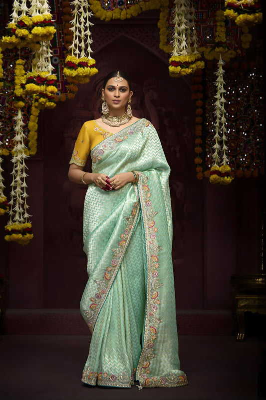 Sea Green Banarasi Silk Saree with Zari Border Embroidered Pallu 