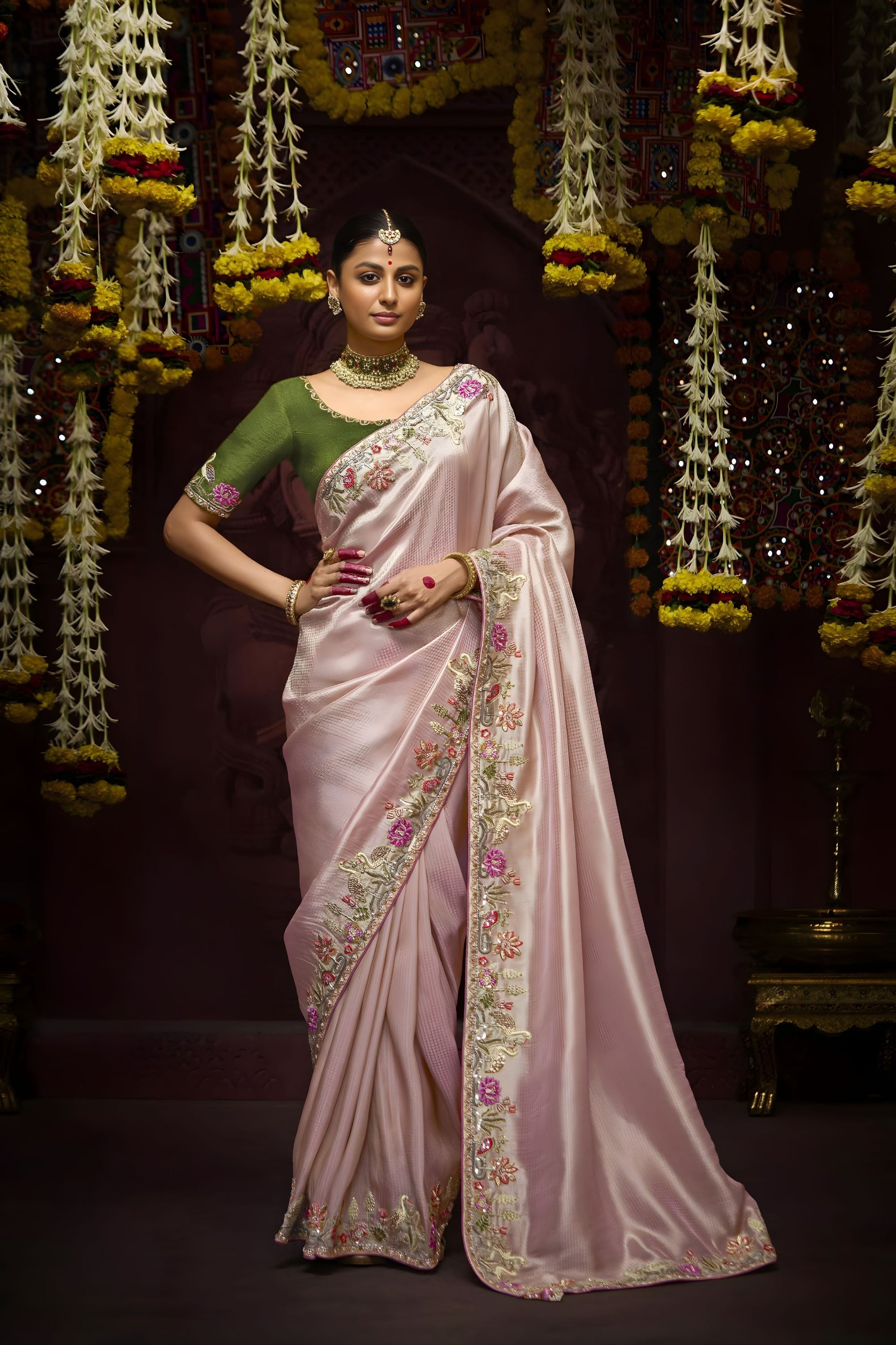 Blush Pink Silk Saree with Floral Embroidered Border Designer Pallu 