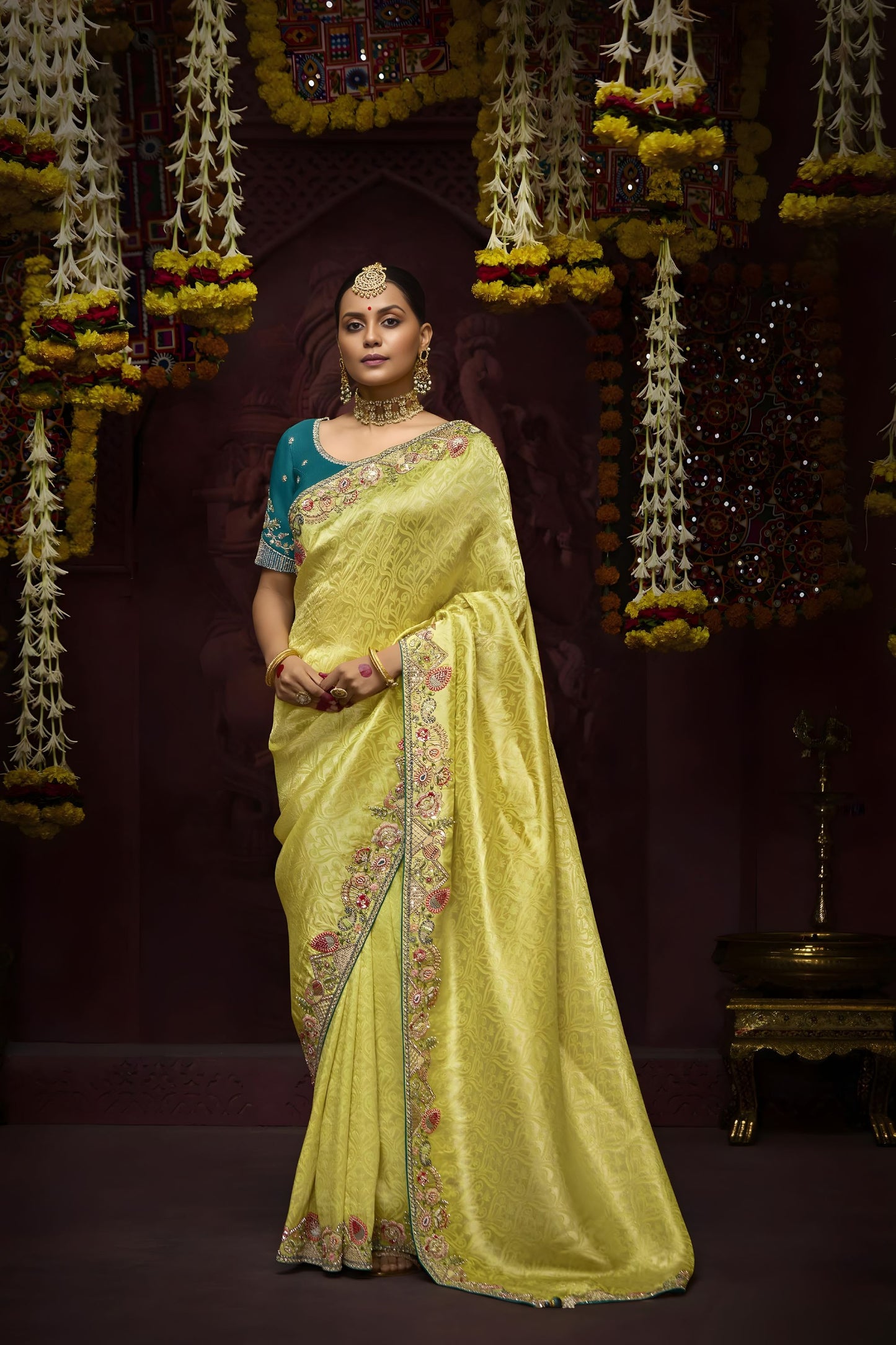 Lime Yellow Banarasi Silk Saree with Floral Embroidered Border Rich Pallu