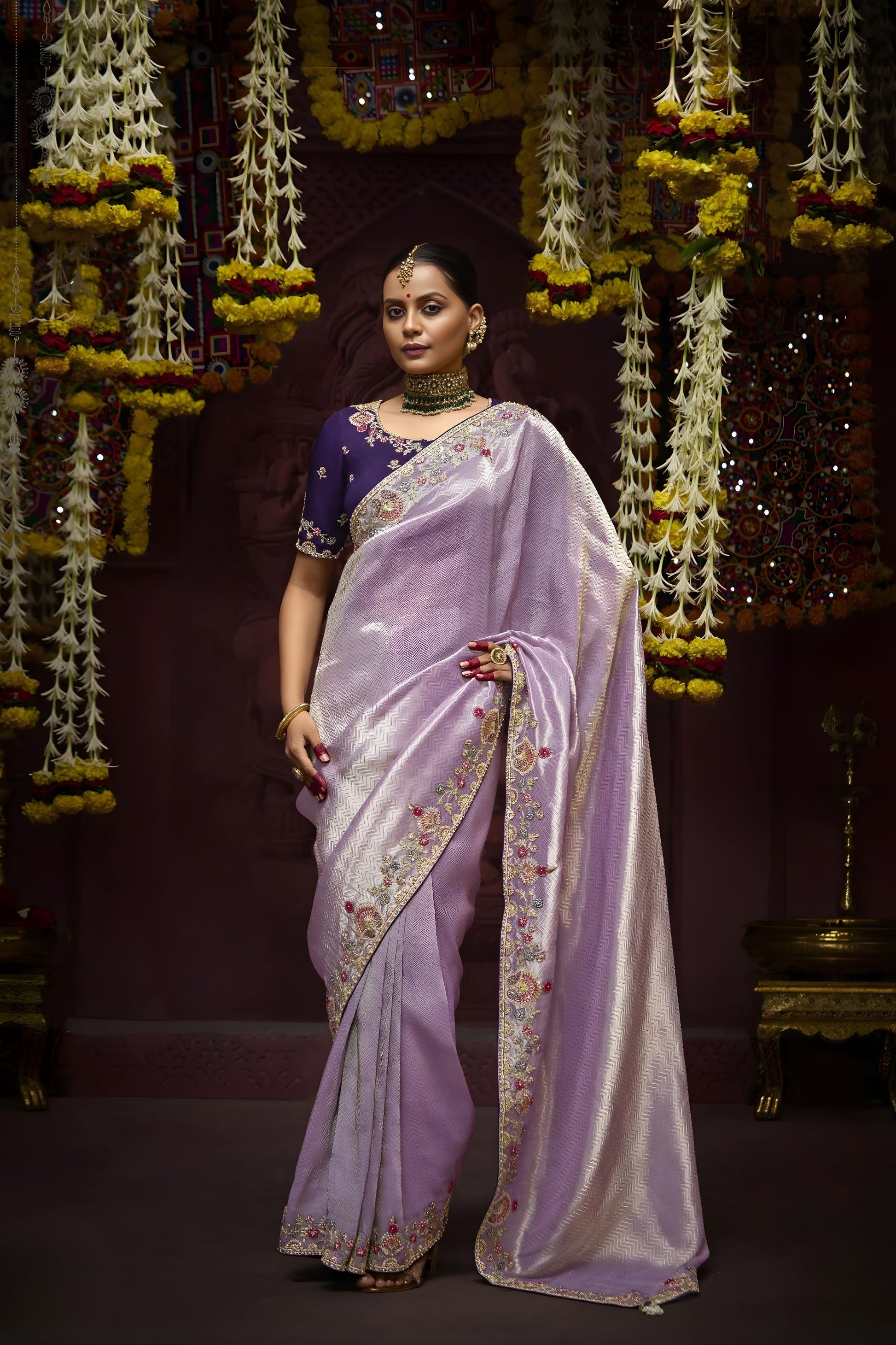 Lavender Banarasi Silk Saree with Floral Embroidered Border Designer Pallu 