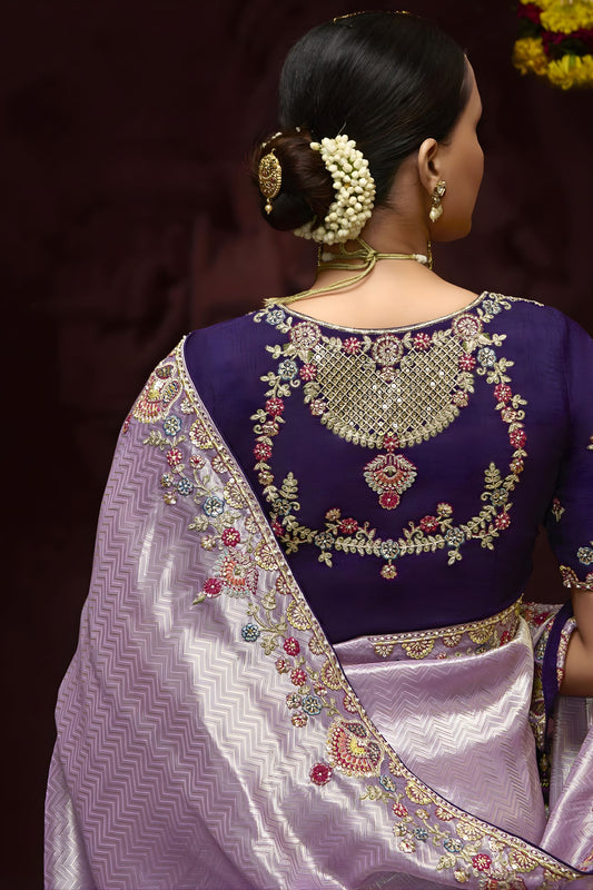 Lavender Banarasi Silk Saree with Floral Embroidered Border Designer Pallu