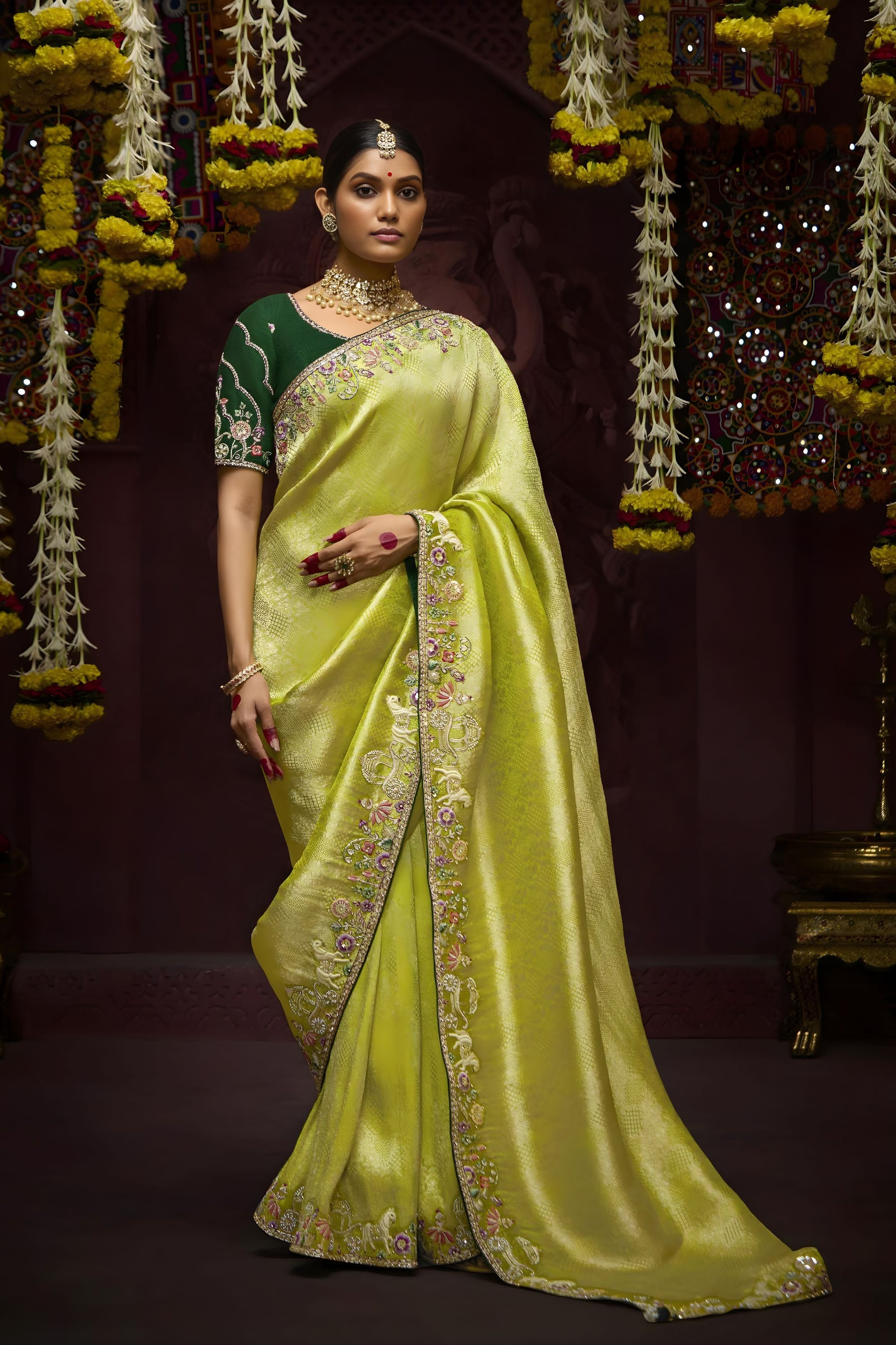 Pista Green Banarasi Silk Saree Floral Embroidered Border Rich Designer Pallu 
