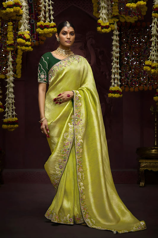 Pista Green Banarasi Silk Saree Floral Embroidered Border Rich Designer Pallu 