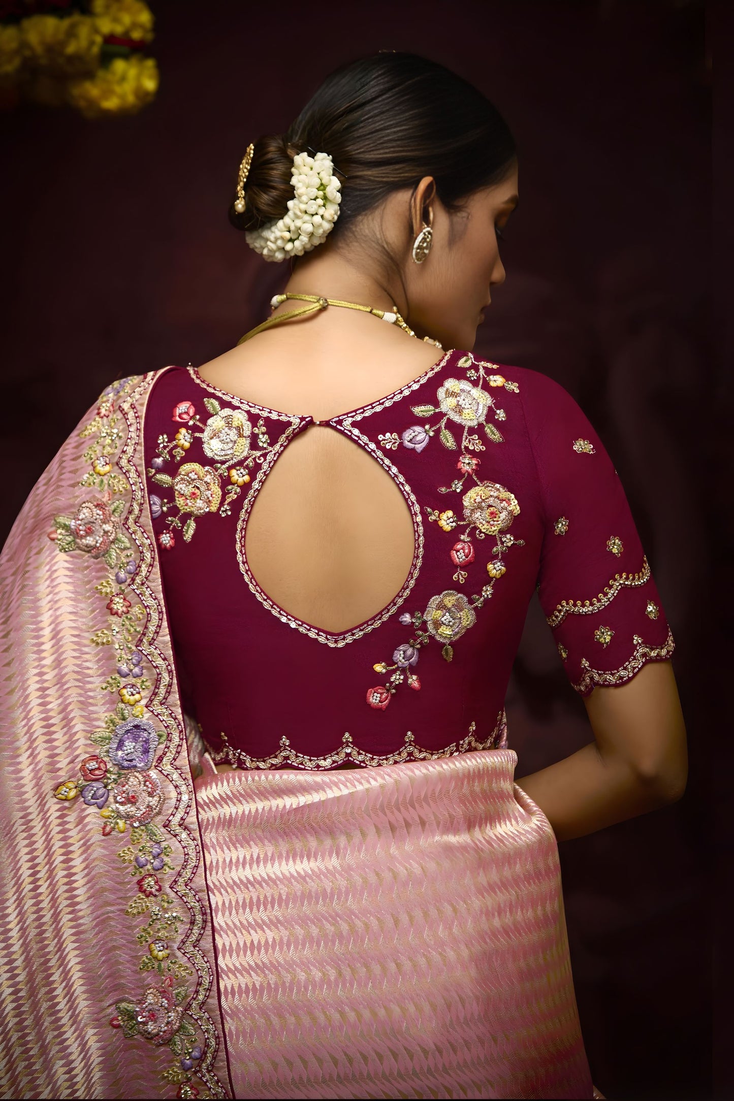 Pink Silk Saree with Floral Embroidery Border Designer Saree