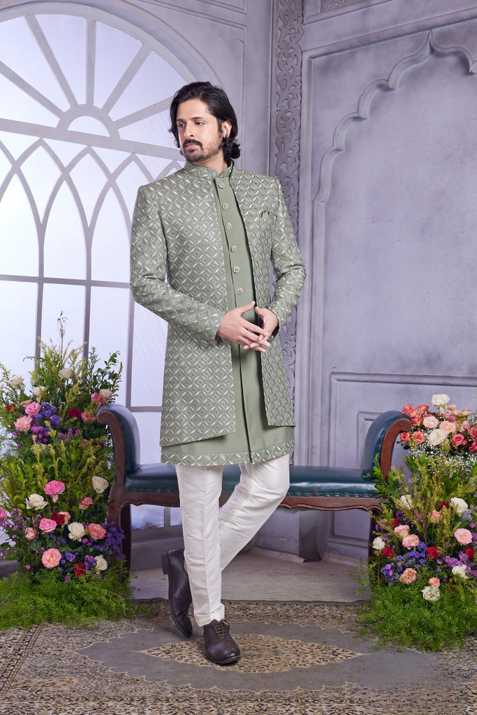 Trendy Olive Green Embroidered Art Silk Indo-Western Set for Wedding