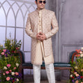 Superb Beige Embroidered Art Silk Indo-Western Set for Wedding
