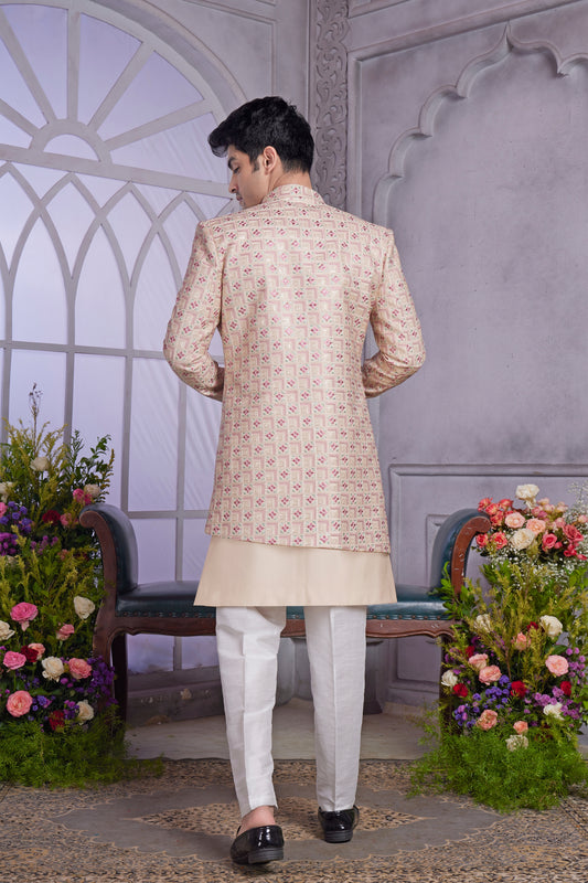 Superb Beige Embroidered Art Silk Indo-Western Set for Wedding