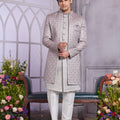 Glorious Grey Embroidered Art Silk Indo-Western Set for Wedding