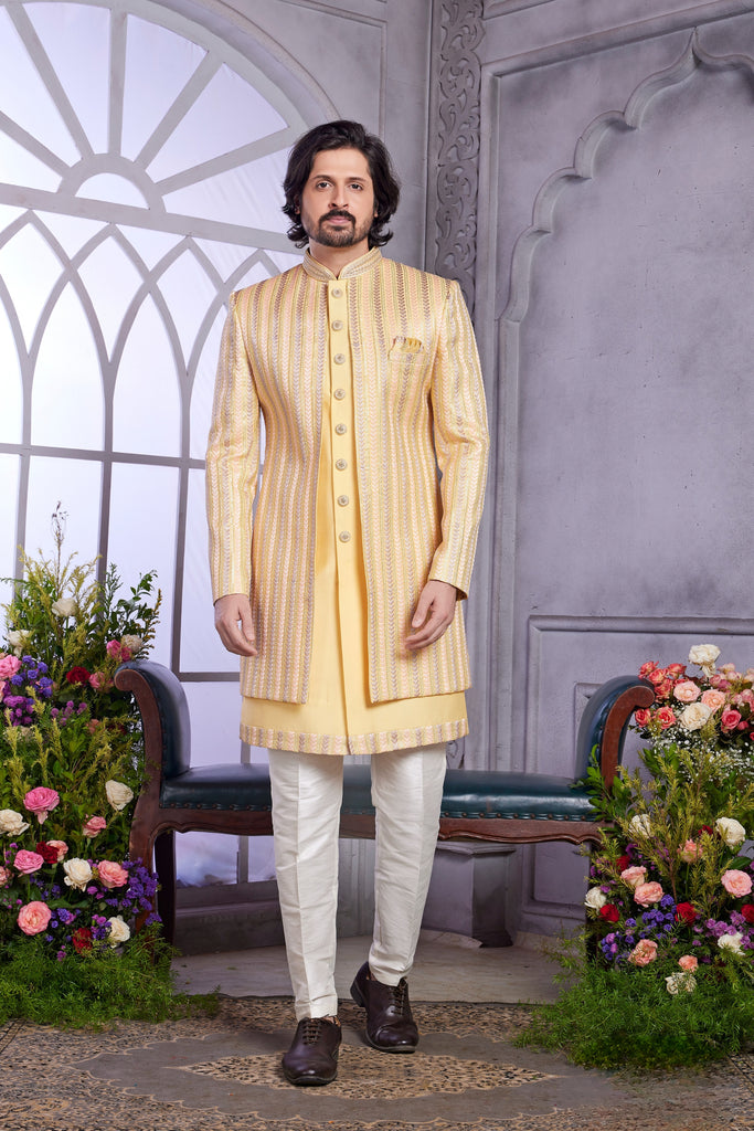 Luxury Yellow Embroidered Art Silk Indo-Western Set for Wedding