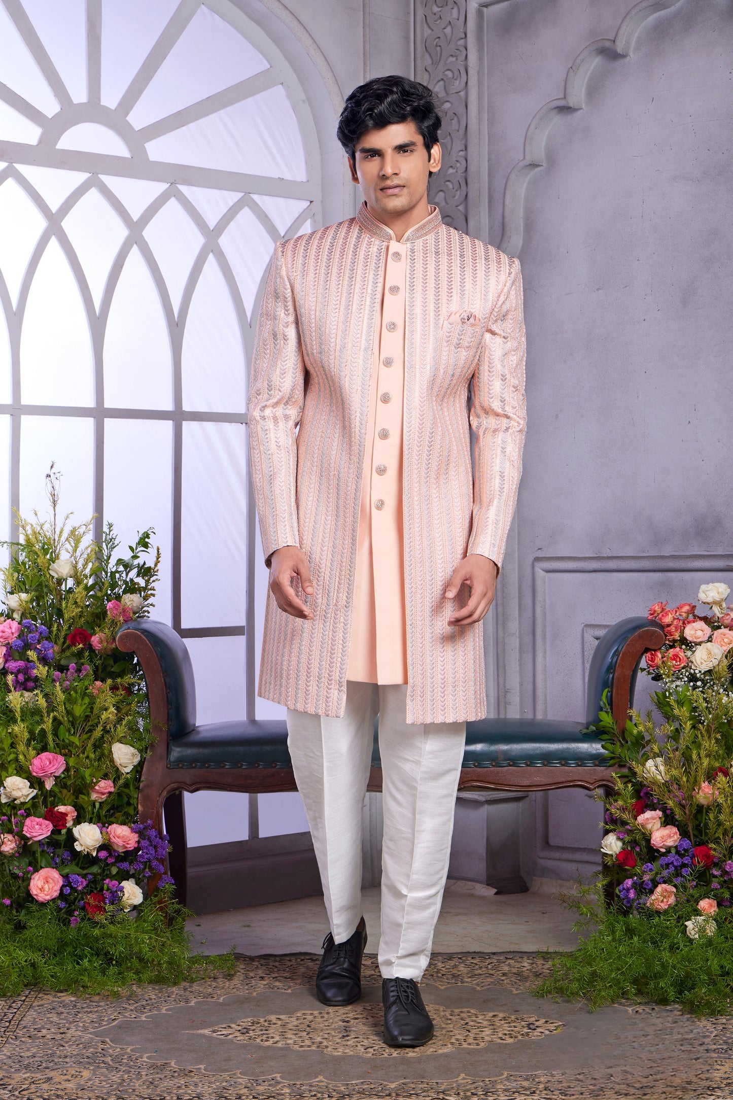 Majesty Peach Embroidered Art Silk Indo-Western Set for Wedding