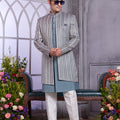 Regal Grey Embroidered Art Silk Indo-Western Set with Teal Kurta for Wedding