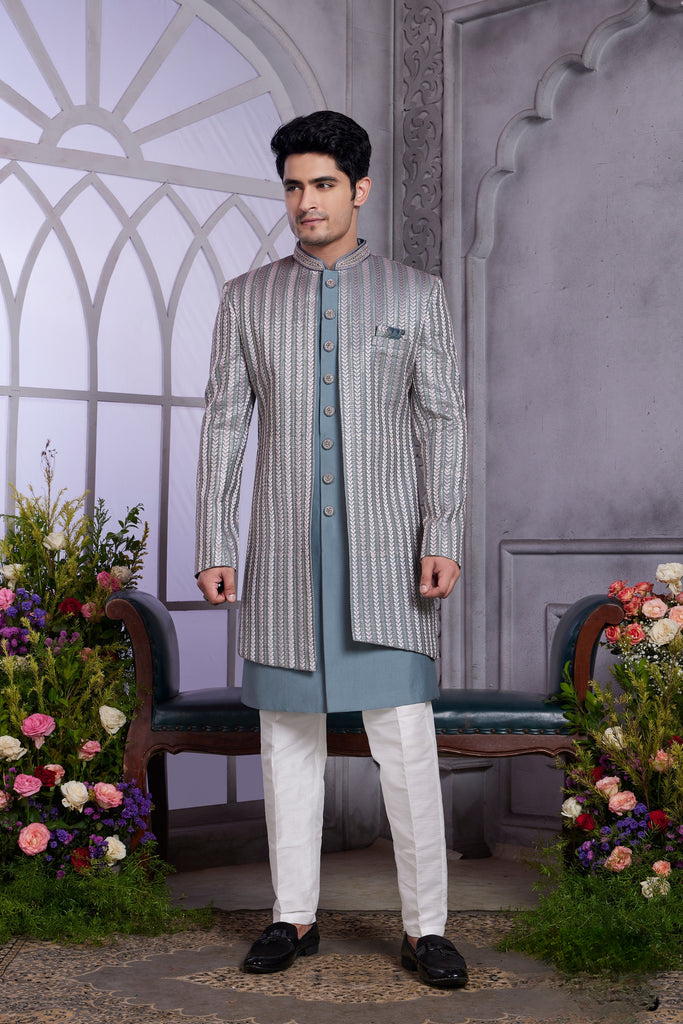 Regal Grey Embroidered Art Silk Indo-Western Set with Teal Kurta for Wedding