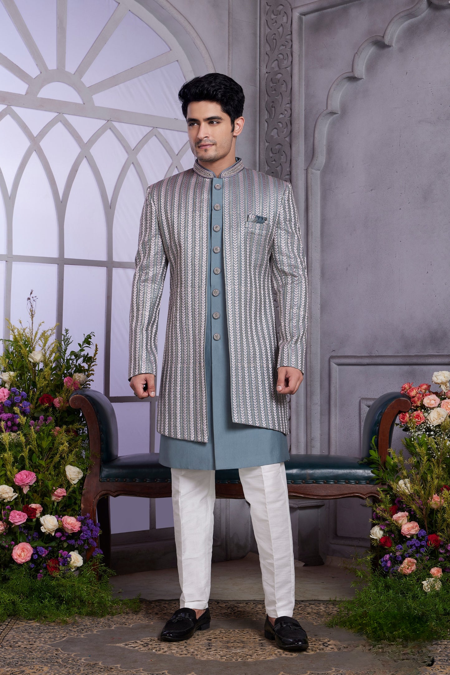 Regal Grey Embroidered Art Silk Indo-Western Set with Teal Kurta for Wedding