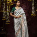  Silver Silk Saree Floral Embroidered Border Designer Green Blouse 