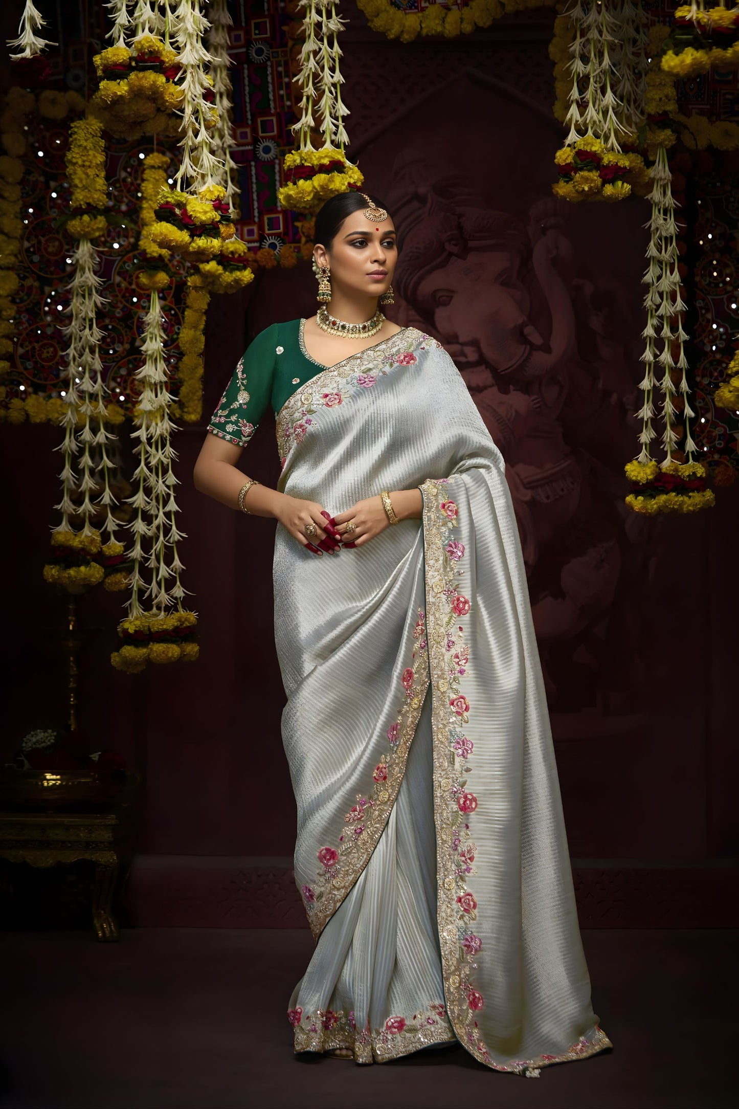  Silver Silk Saree Floral Embroidered Border Designer Green Blouse 