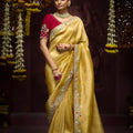 Luxury Golden Silk Saree Zari Floral Embroidered Border Red Designer Blouse 