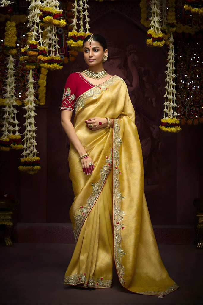 Luxury Golden Silk Saree Zari Floral Embroidered Border Red Designer Blouse 