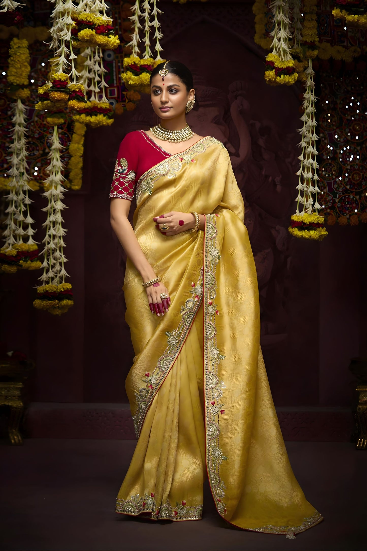 Luxury Golden Silk Saree Zari Floral Embroidered Border Red Designer Blouse 
