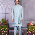Refreshing Sky Blue Embroidered Art Silk Indo-Western Set with Matching Kurta for Wedding