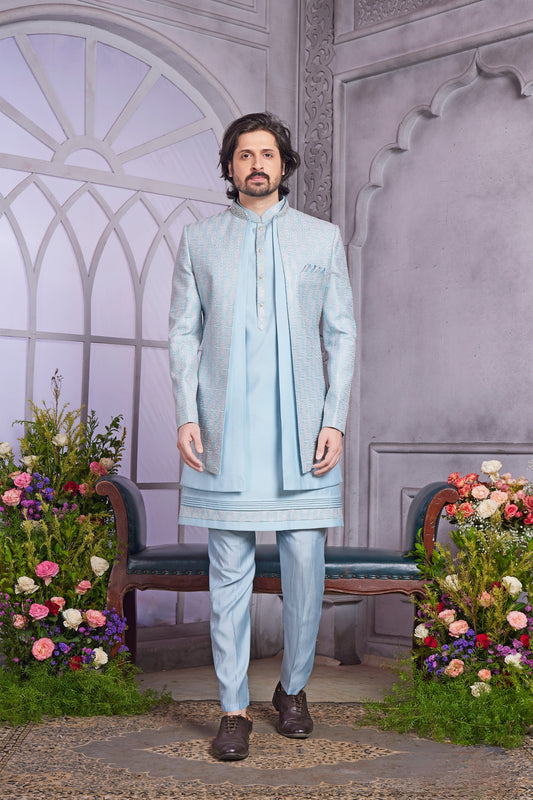 Refreshing Sky Blue Embroidered Art Silk Indo-Western Set with Matching Kurta for Wedding