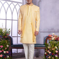 Radiant Yellow Embroidered Art Silk Indo-Western Set with Matching Kurta for Wedding