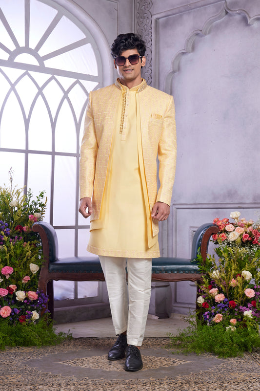 Radiant Yellow Embroidered Art Silk Indo-Western Set with Matching Kurta for Wedding