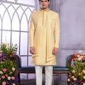 Radiant Yellow Embroidered Art Silk Indo-Western Set with Matching Kurta for Wedding
