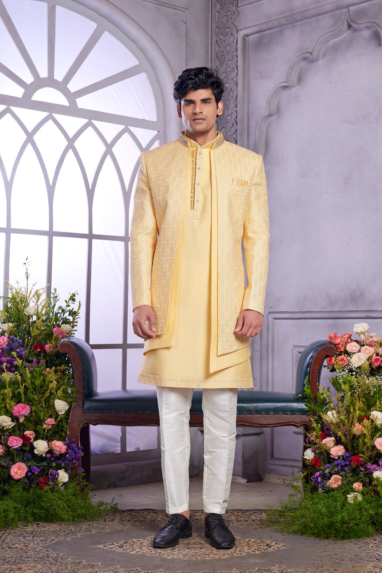 Radiant Yellow Embroidered Art Silk Indo-Western Set with Matching Kurta for Wedding