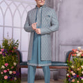 Unique Teal Blue Embroidered Art Silk Indo-Western Set with Matching Kurta for Wedding